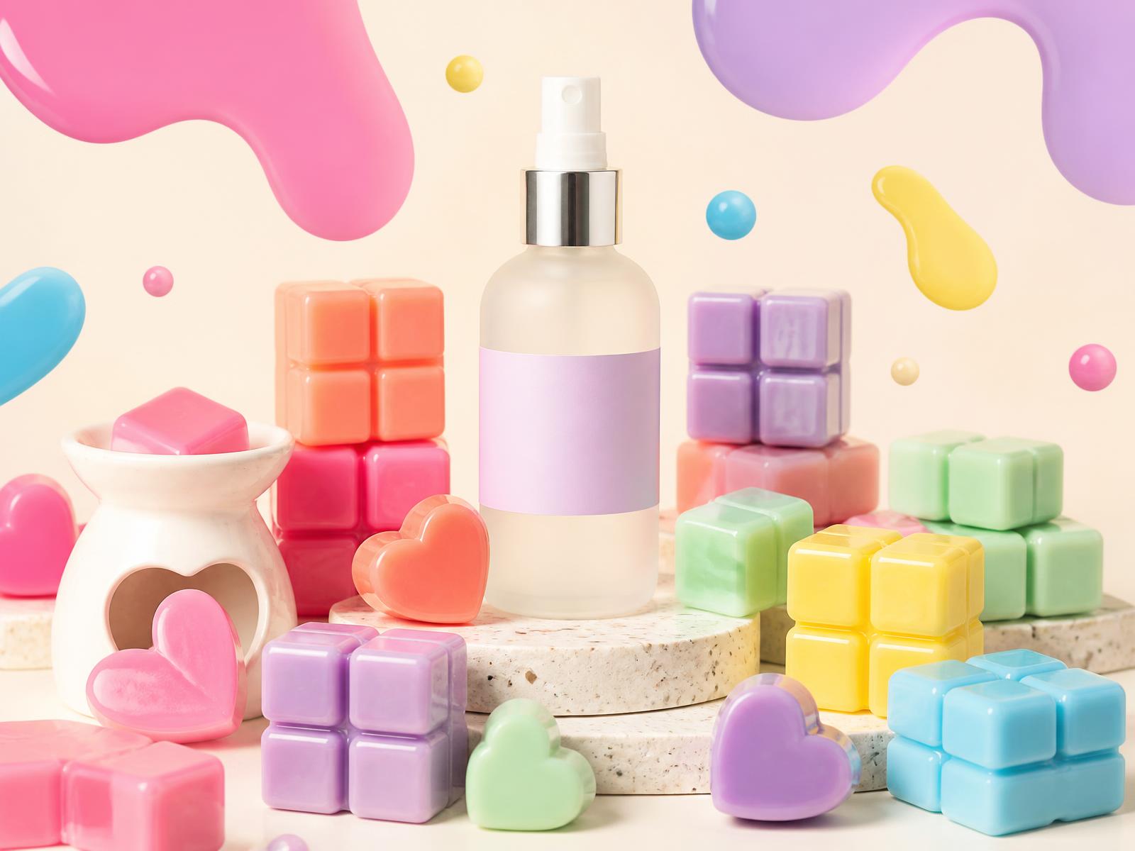 Colourful wax melts and a room fragrance bottle surrounded by bright scent shapes