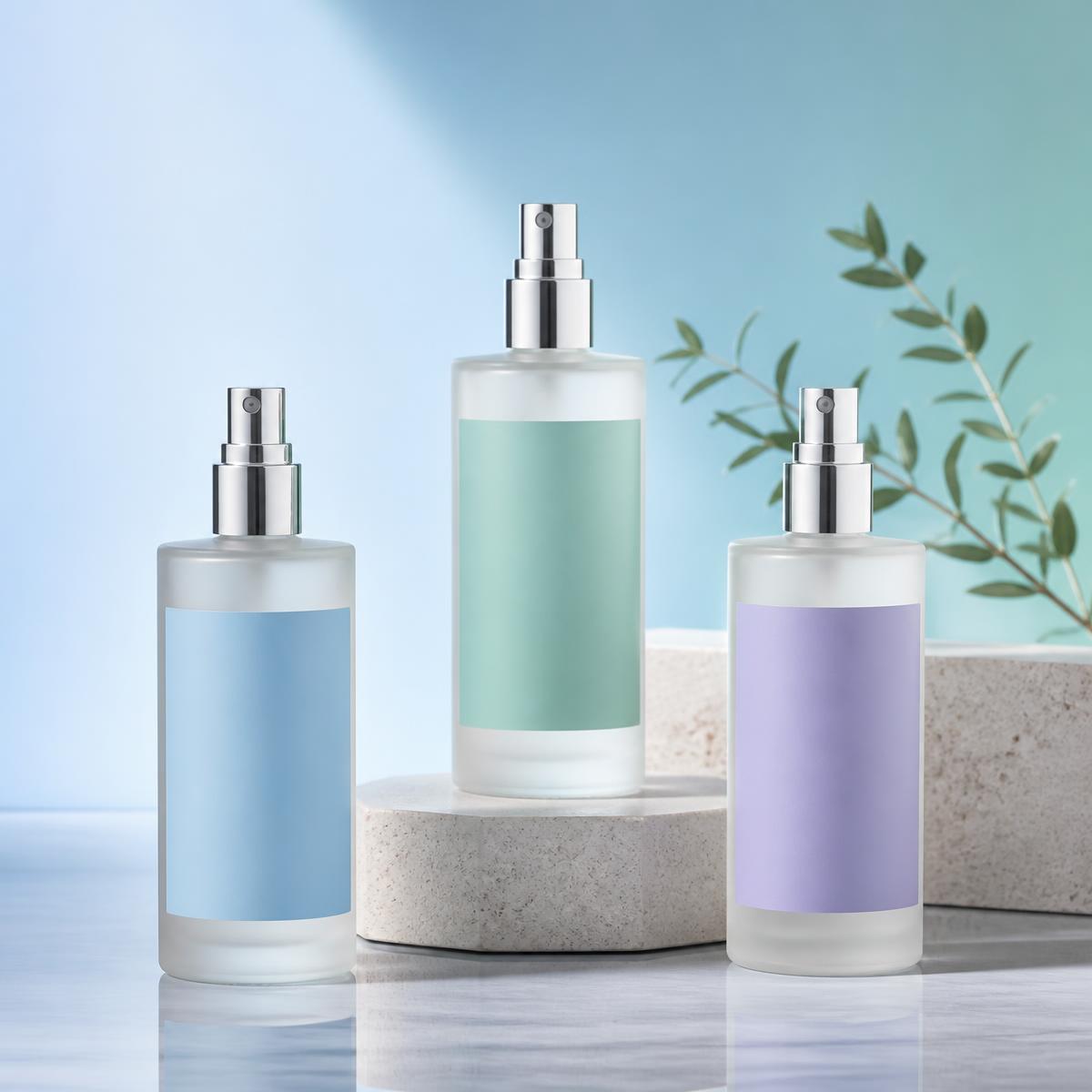 Room fragrance spray bottles in pastel colours